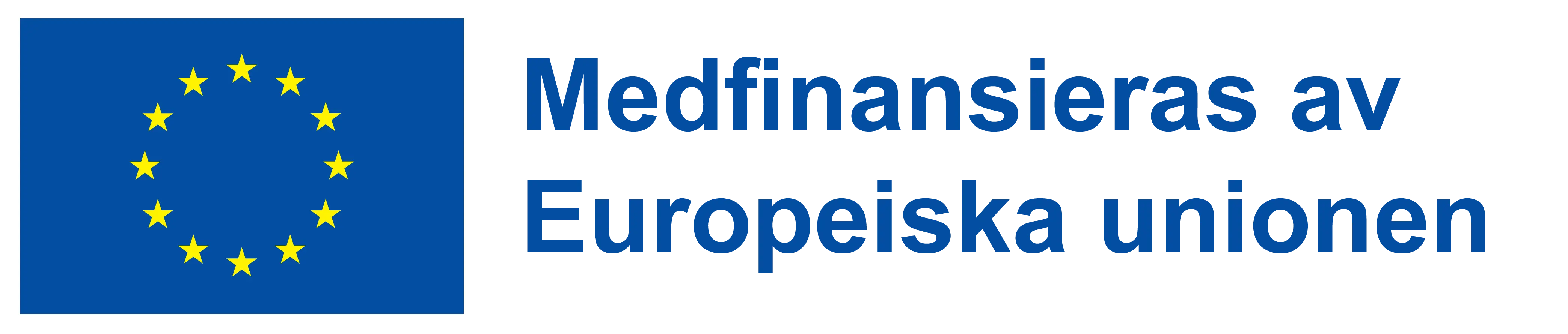 EU-flaggan med blå bakgrund och 12 gula stjärnor i en ring. Till höger om flaggan står texten "Medfinansieras av Europeiska unionen".