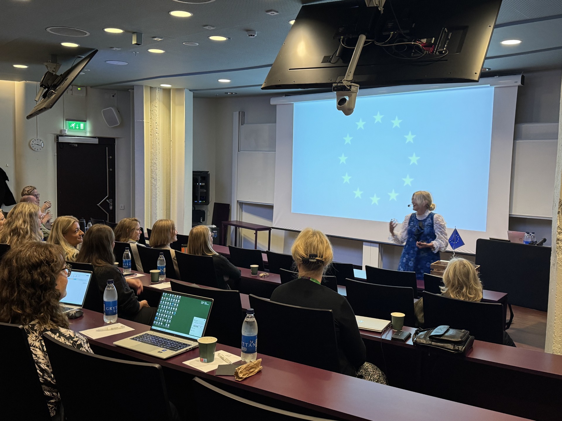 En kvinna talar inför en grupp människor i ett konferensrum. Projektorn visar ”EU-flaggan med stjärnor”.