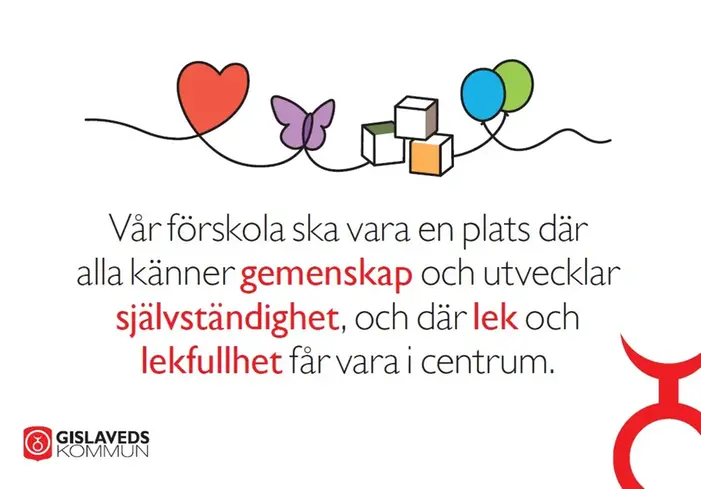 En bild med texten: Vår skola ska vara en plats där alla känner gemenskap och utvecklar självständighet, och där lek och lekfullhet får vara i centrum. 