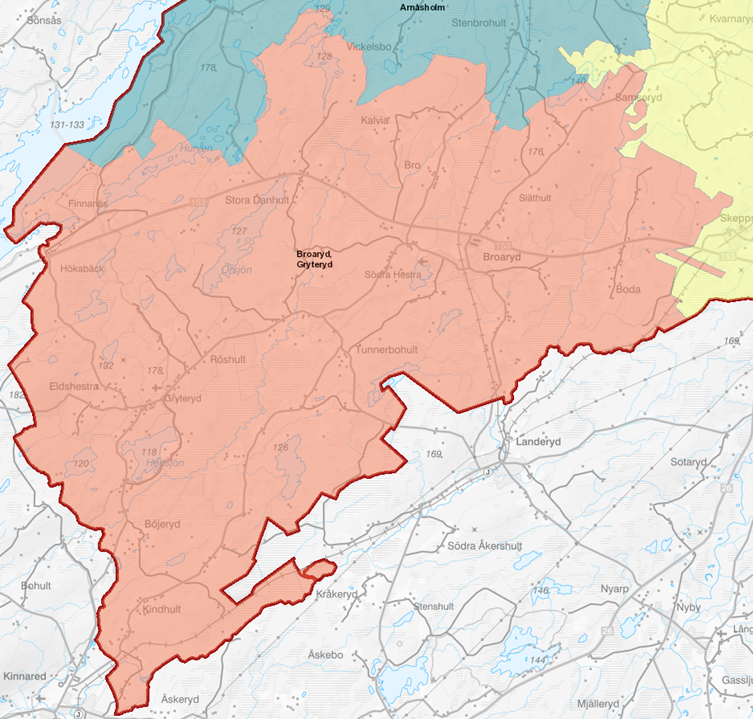 Karta över lokalsamtalsområde Broaryd, Gryteryd