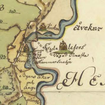 en gulnad karta med en å i mitten och texten Gyllenfors.