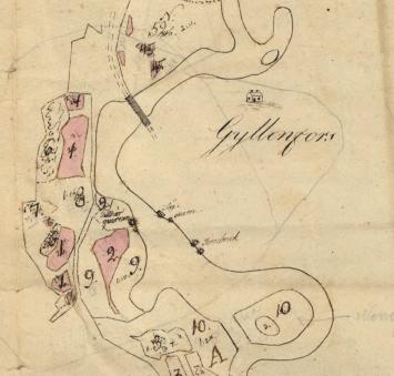 en gulnad, äldre karta med gyllenfors skrivet med skrivstil.