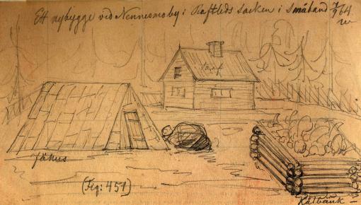 Mandelgrens bild av ett nybygge vid Nennesmo by, från 1864.
