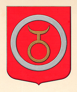 rött märke med kommunens logotyp