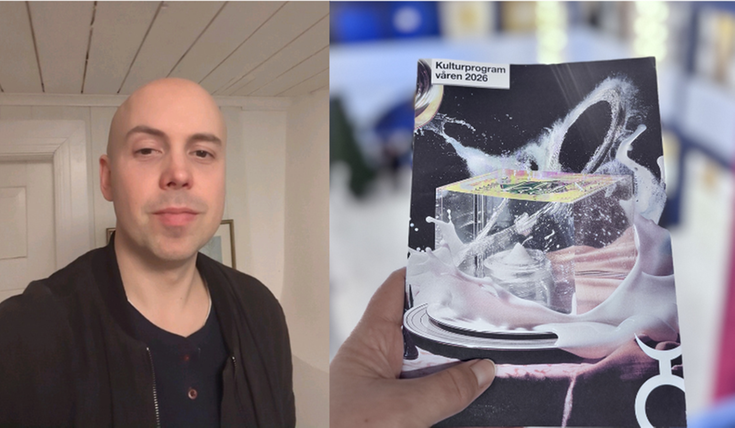 Ett kollage med två bilder. Den till vänster föreställer en man och till höger håller en hand i en folder.