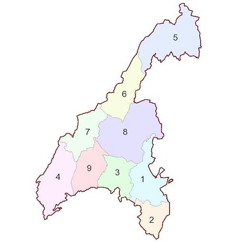 Karta över Gislaveds kommun indelad i 9 områden. Områdena visar uppdelningen av inventering av avlopp