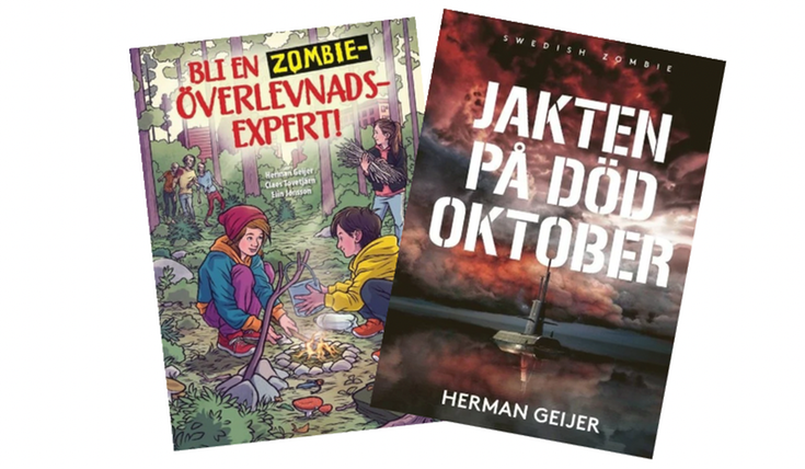 Två böcker med titlarna "Bli en zombieöverlevnadsexpert" och "Jakten på död oktober". 