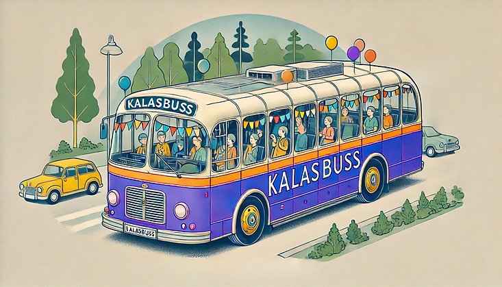 Tecknad buss fylld med glada människor och ballonger