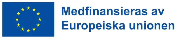 EU-flaggan med blå bakgrund och 12 gula stjärnor i en ring. Till höger om flaggan står texten "Medfinansieras av Europeiska unionen".
