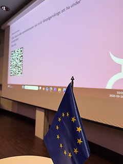 EU-flagga i en liten hållare, placerad framför en projektorduk