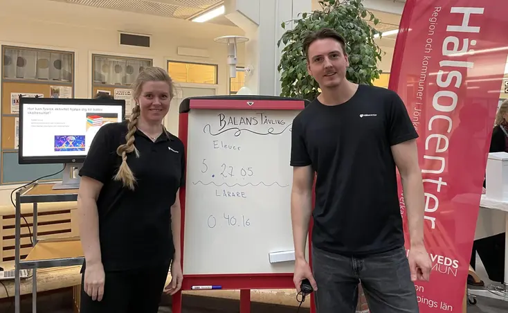 En kvinna och en man står framför ett blädderblock med texten "balanstävling".