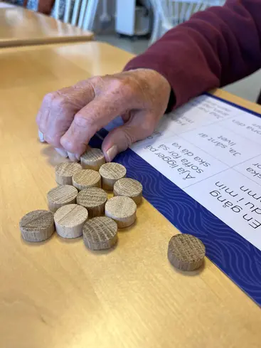 Foto på en äldre dams hand som håller i små träpluttar.