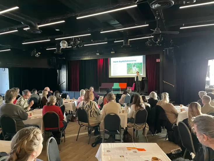 Översiktsbild där en föreläsare står på scen och talar till publiken