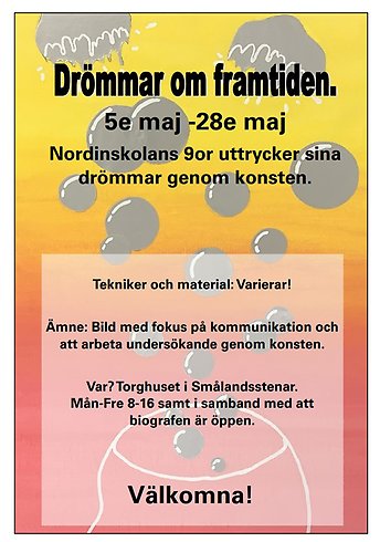 Foto på Affischen som eleverna gjort. Det står att det är öppet måndag till fredag 8-16 under maj månad.