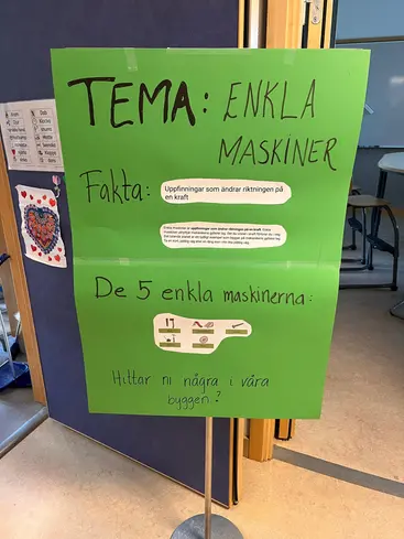 Foto på e skylt utanför klassrummet där det står "Tema: Enkla maskiner".