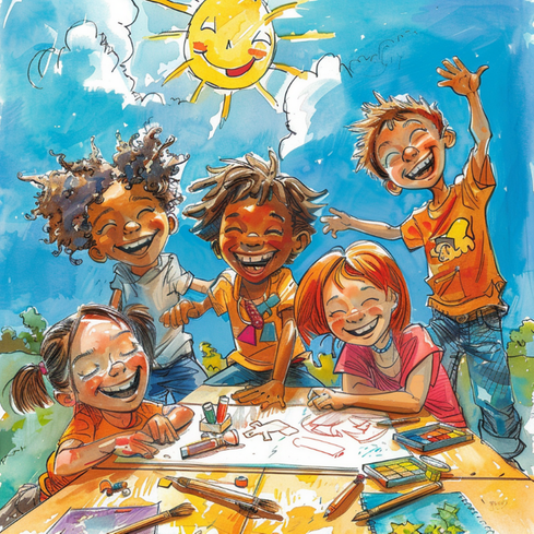 en tecknad bild på glada barn som ritar 