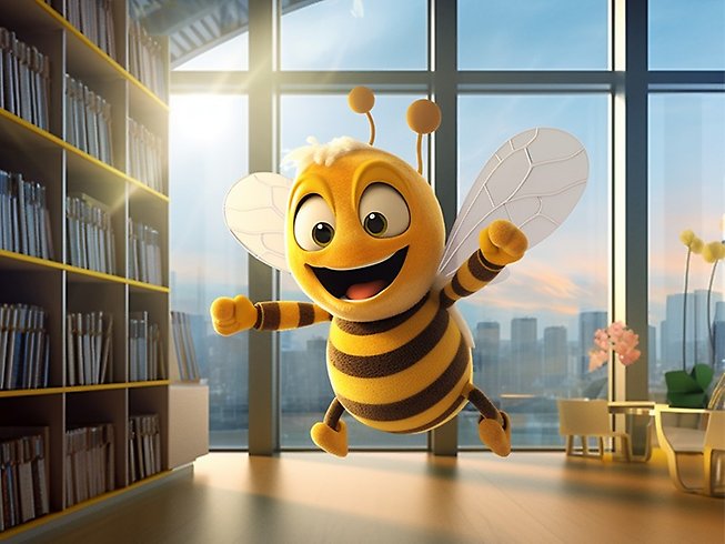 ett animerat bi som flyger inomhus