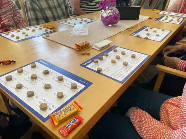 Ett bord med spelbrickor och pjäser i trä. 