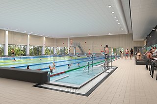 Skiss över stora bassängen i nya badhuset
