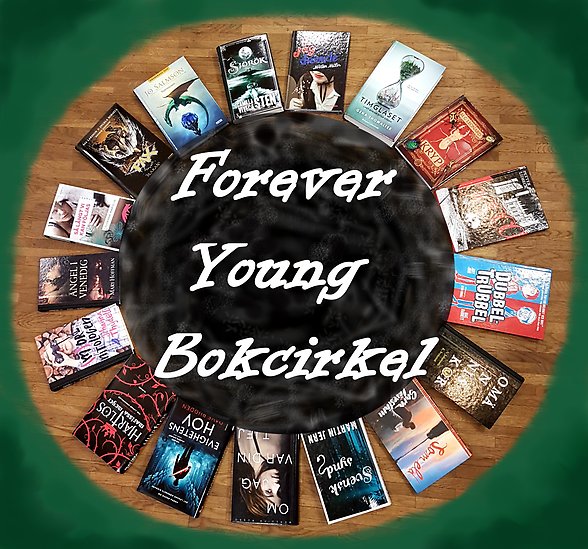 Böcker i en cirkel med texten Forever young bokcirkel i mitten.