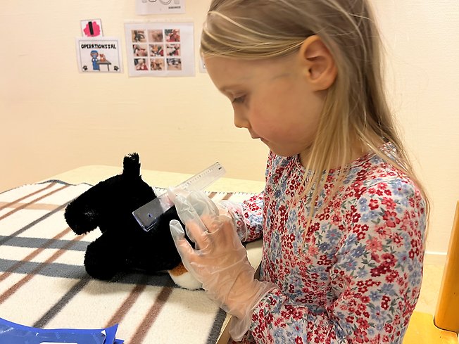 Ett barn som mäter ett djur med en linjal.