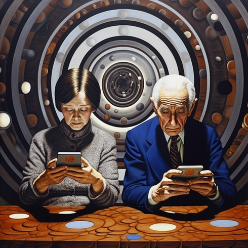 två äldre som sitter med sina mobiler i en tidsmaskin