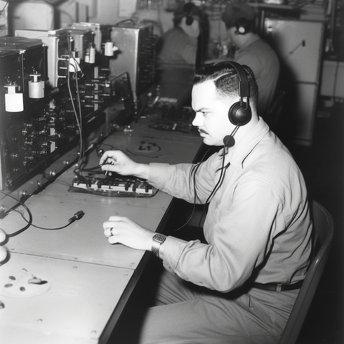 ett äldre foto på en man som sitter vid gammal teknik