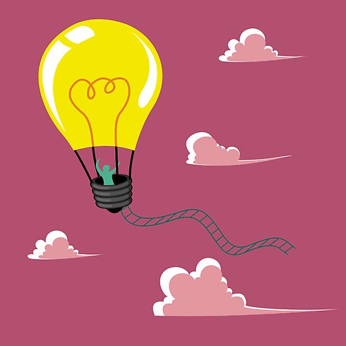 en illustration på en luftballong som ser ut som en glödlampa