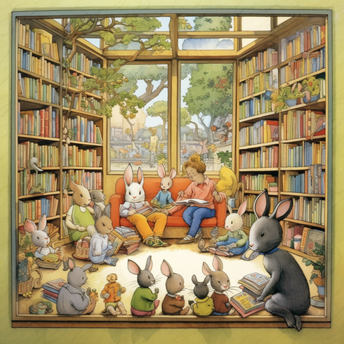 illustrerade djur som läser böcker i ett bibliotek