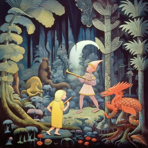 illustration av en skog med figurer och instrument